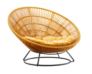 Round rattan chair with woven seat and soft cushion, modern lounge furniture for living room or patio, comfortable and stylish seating, isolated on transparency background