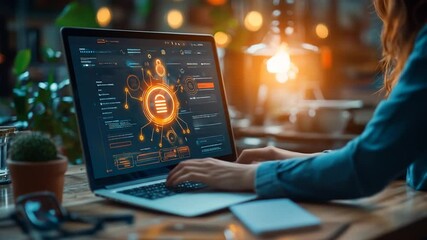 Person working on a laptop with a futuristic interface - Powered by Adobe