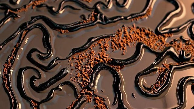 Abstract clay mark pattern features winding soot brush swirls and textured husk dust fractures on a polished surface.

