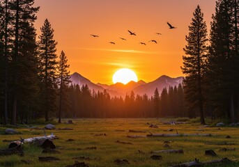 Birds fly over mountains at sunrise in yosemite national park