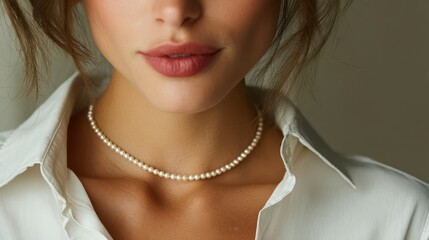 Elegant woman wearing a pearl necklace in a stylish outfit during a soft light setting indoors