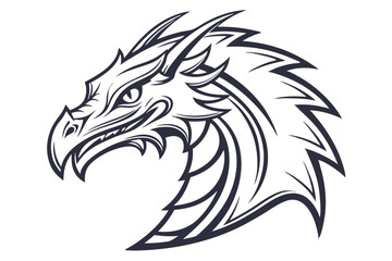 Striking monochrome dragon head displays a powerful, stylized creature in profile against white