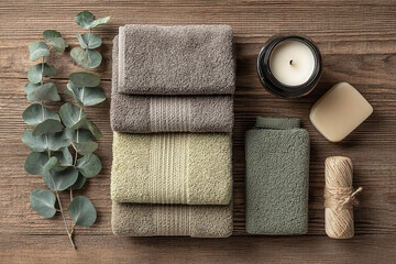 still life of a vintage and boho counter in a spa with towels, candles and cotton