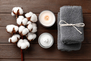 still life of a vintage and boho counter in a spa with towels, candles and cotton