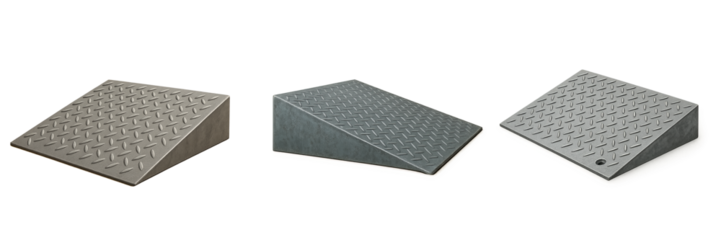 Set of worn metallic curb ramp plates with chequered pattern and realistic shading on transparent background