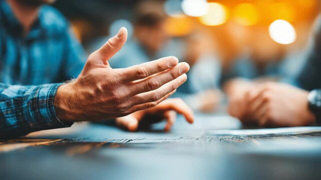 Close-up of a business meeting with focus on a hand gesturing, creating an engaging conversation atmosphere in a modern office setting.