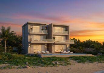 Modern beachfront villas with pool and sunset sky, showcasing luxury coastal living