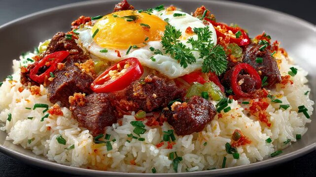 Delicious Filipino Silog Rice Meal with Beef, Egg, and Vegetables Close Up View