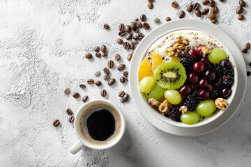 Still life of a healthy breakfast with a bowl of fruits and nuts and a cup of coffee