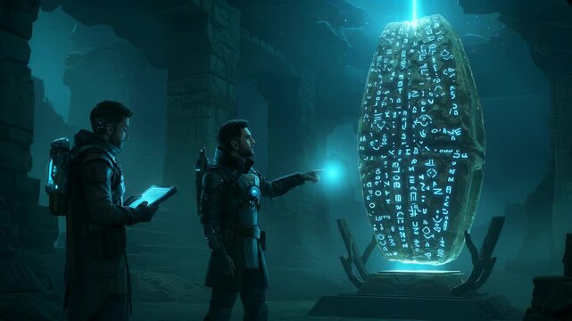 Two figures examine a glowing, ancient glyph-covered stone tablet in a dark, cavernous environment