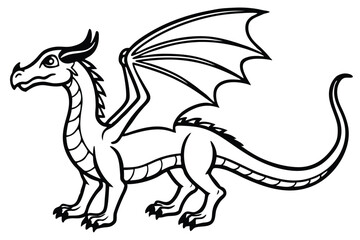 Outlined cartoon dragon with horns and spiky tail stands calmly in black and white