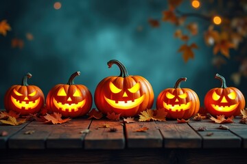 Row of Glowing Jack o Lanterns on a Wooden Surface with Autumn Leaves and a Dark Background