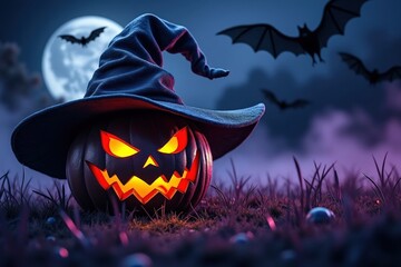 Sinister Jack o Lantern with Witch Hat Under Moonlight, Bats Flying in the Background, Creating a Halloween Ambiance