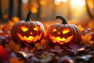 Two Glowing Halloween Jack o Lanterns Surrounded by Autumn Leaves in a Forest Setting for Fall