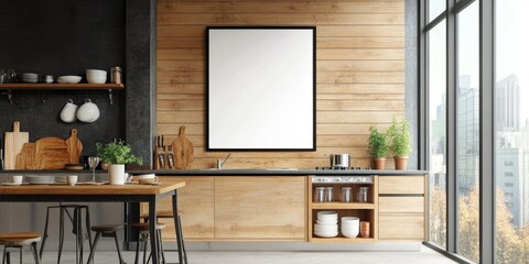 Modern Kitchen with Wooden Accents, Open Shelving, and Blank Framed Poster for Stylish Decor