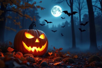 Eerie Halloween Night Pumpkin with Bats Flying Under a Full Moon in a Dark Forest Setting for Holiday Fun