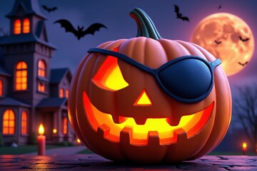 Pirate Pumpkin Halloween with Eyepatch, Haunted House, Bats, and Moon for a Fun Holiday Design
