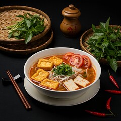 bowl of bún riêu chay, vegetarian crab noodle soup, on a black background, topped with tofu, tomatoes, and fresh herbs. A bamboo basket 