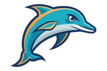 Stylized turquoise dolphin swimming with orange accents and a determined expression floats in vector © Dipta