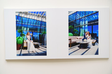 the pages of a photo book with wedding photos. 