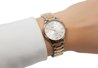 Rose Gold and Silver Tone Metal Bracelet Watch on a Wrist isolated on transparent background