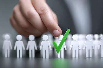 High quality photo of businessman meticulously dipping a green checkmark on human figure icons, grey background with blurred people in the foreground. The concept of employee.