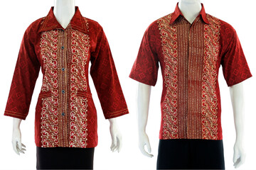 Batik couple outfit in red with a blouse cut for women and short sleeve shirts for men.