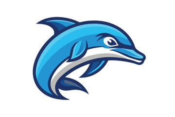 Sporty blue dolphin emblem shows a sleek streamlined body with dark accent and white background