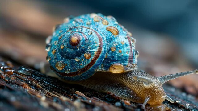 Close-up of a beautiful snail crawling on a wet, wooden surface, detailed eye and shell