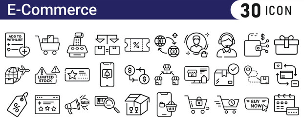 E commerce Icon Set Depicting Shopping Delivery. Includes E-Commerce, Stores, Malls, Products, Customers, and more.