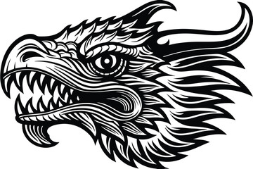 Obraz premium Detailed dragon head displays scales, horns, and sharp teeth in a bold design