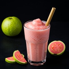 A refreshing sinh tố ổi, guava smoothie with condensed milk, in a frosty glass, on a black background. Guava slices and a bamboo straw add a Hanoi street cart vibe. 
