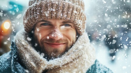 A joyful man with a beard and warm hat smiles as snow falls around him in a beautiful winter landscape, evoking feelings of happiness and the fun of cold weather activities.