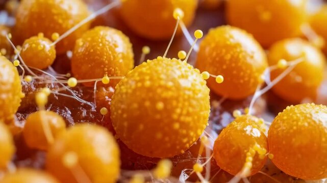 Close-up view showcasing a cluster of round, orange sporulating fungal colonies on a nutrient-rich agar surface in laboratory.