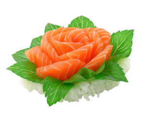 Salmon sushi rice leaf flower isolated fresh raw Japanese cuisine create beautiful and artistic sushi roll shaped like flower evoking sense of elegance and creativity
