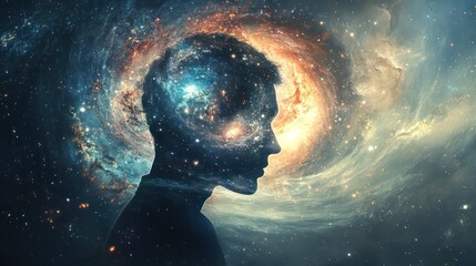 Silhouette of a Man's Head Filled with a Cosmic Galaxy Scene