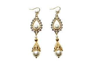 Elegant Pearl and Gold Drop Earrings A Detailed CloseUp isolated on transparent background