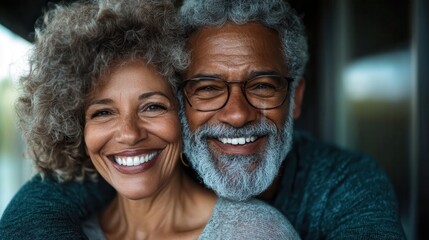 This image portrays a joyful mature couple embracing each other, radiating love, warmth, and happiness that reflects their deep bond and shared life experiences together.