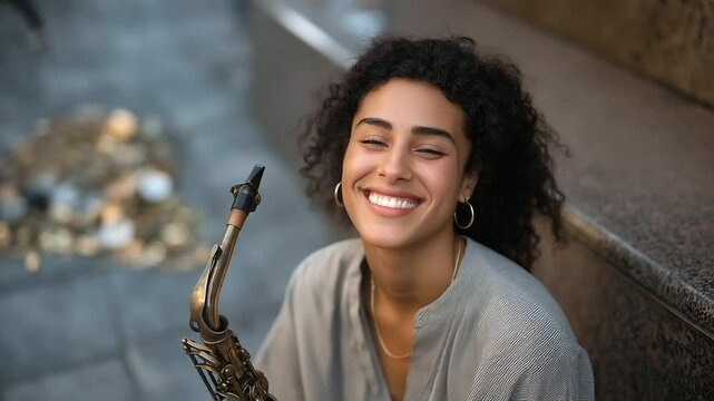 Young musician busking with saxophone and coins on the sidewalk