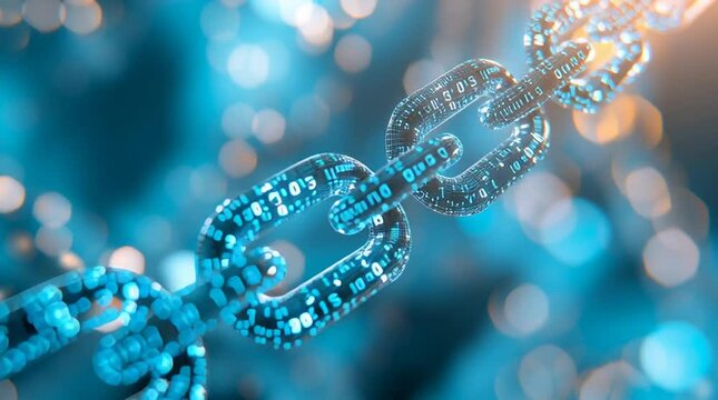 Blue digital chain links with binary code. Concept of blockchain technology and cryptocurrency.