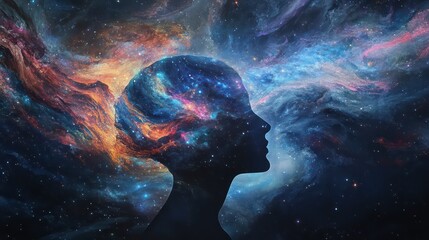 Silhouette of a Mind Filled with Cosmic Nebulae and Sparkling Stars