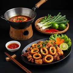 plate of mực chiên giòn, crispy fried squid with chili sauce, on a black background, garnished with scallions and lime wedges. A hot wok 