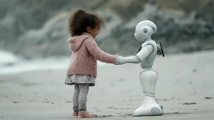 Little girl explores beach with her friendly robot companion on a sunny day - Powered by Adobe