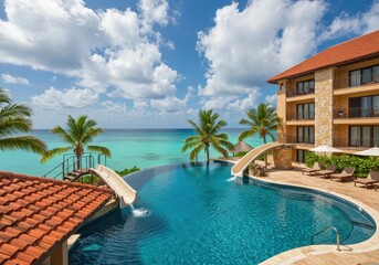 Luxury resort pool with slides overlooking the ocean on a sunny day