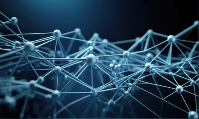 Abstract Network Blue Metallic Spheres and Lines on Dark Background