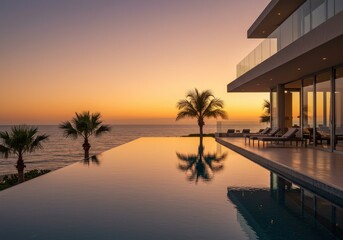 Obraz premium Infinity pool reflects sunset sky near modern villa with palm trees