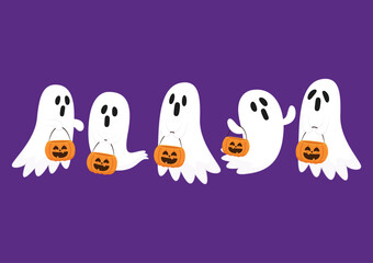 Cute ghost floating with Halloween. Funny spooky boo character. Spook phantom with happy smiling face expression. Isolated kids flat vector illustration.
