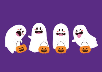 Cute ghost floating with Halloween. Funny spooky boo character. Spook phantom with happy smiling face expression. Isolated kids flat vector illustration.