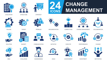 Change Management Icons set vector illustration. Containing evaluation, strategy, implementation, collaboration, investment and more. Simple solid icons collection.