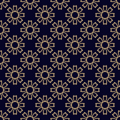 Vector geometric floral seamless pattern. Simple elegant background with golden outline flowers. Retro vintage texture. Black and gold luxury ornament. Repeated geo design for decor, print, textile